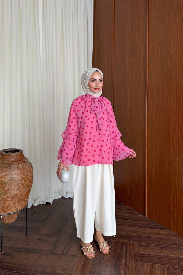 Volanlı Şifon Bluz - PEMBE