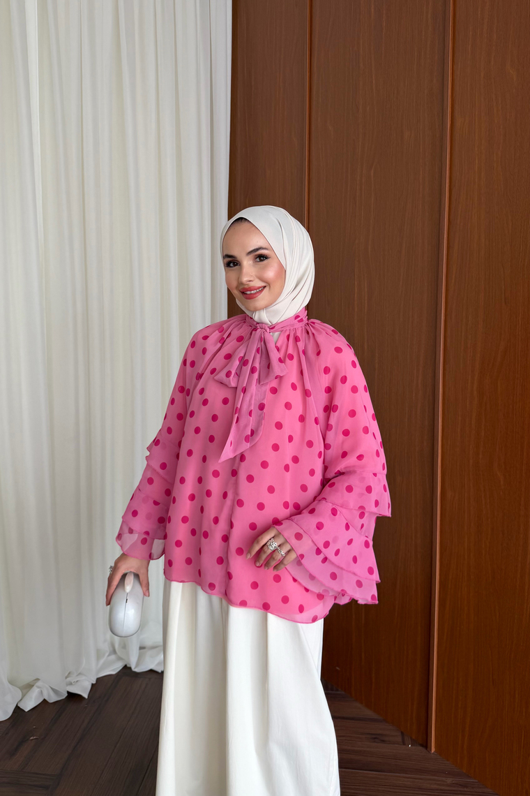 Volanlı Şifon Bluz - PEMBE
