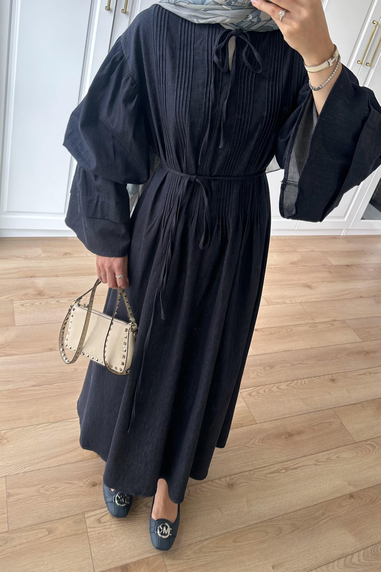 Voluara Nervürlü Denim Elbise - LACİVERT