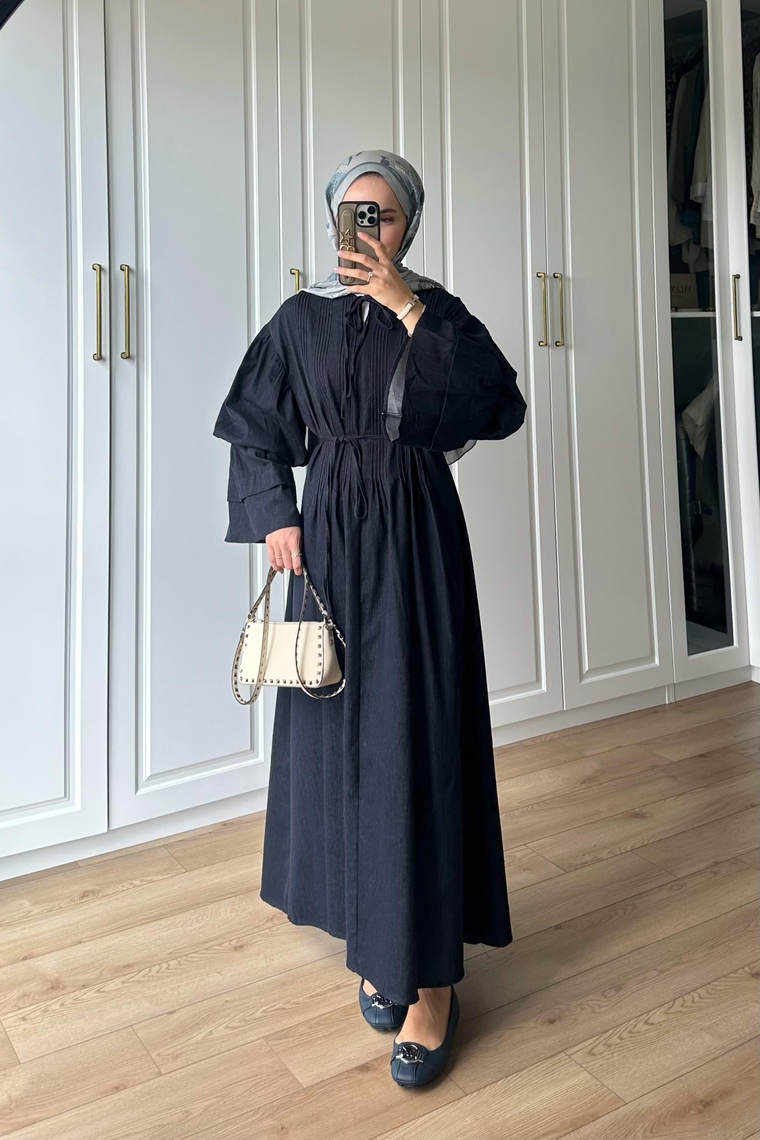 Voluara Nervürlü Denim Elbise - LACİVERT