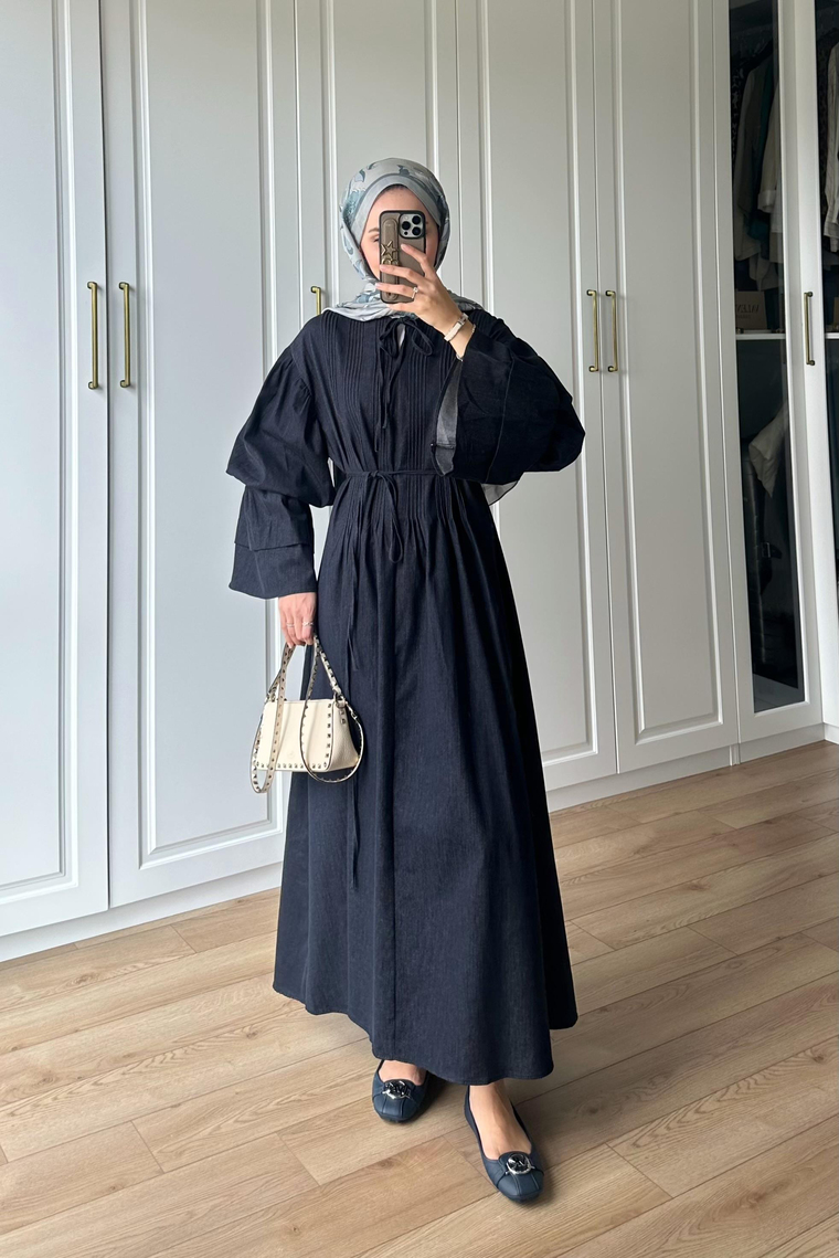 Voluara Nervürlü Denim Elbise - LACİVERT