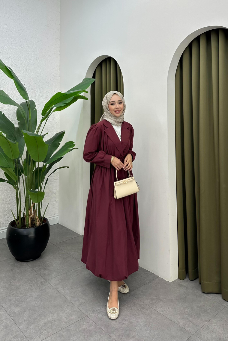 Yaka Detaylı Balon Elbise - BORDO