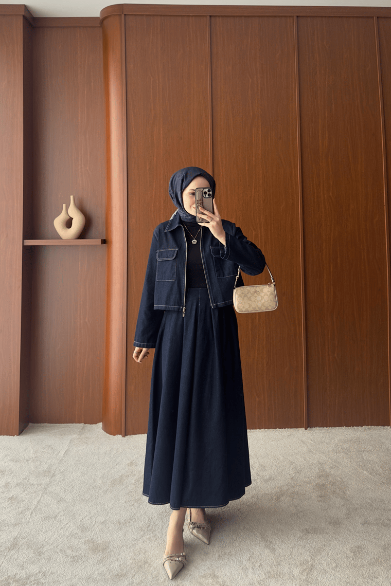 Zahira Denim Etek Takım - KOYU MAVİ