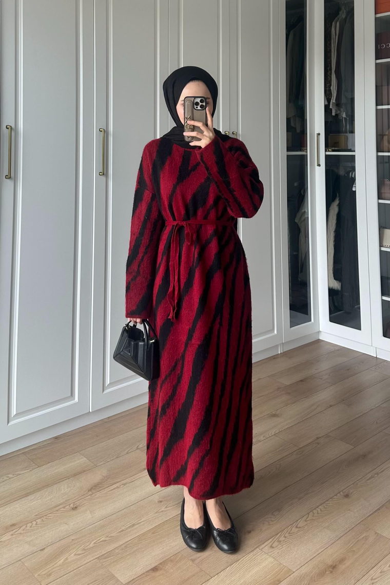 Zebra Desen Triko Elbise - BORDO
