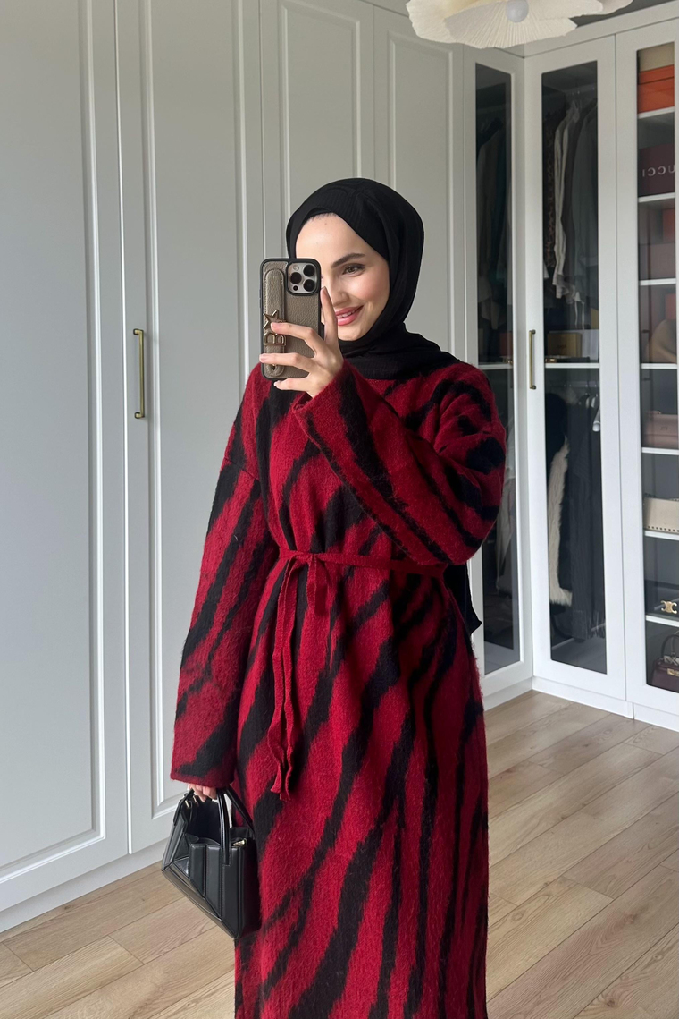 Zebra Desen Triko Elbise - BORDO
