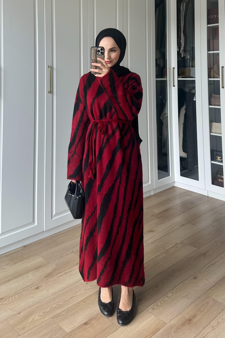 Zebra Desen Triko Elbise - BORDO