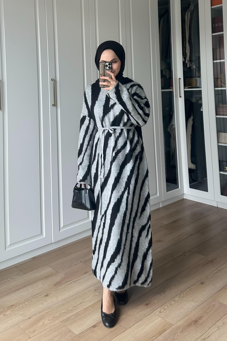 Zebra Desen Triko Elbise - GRİ