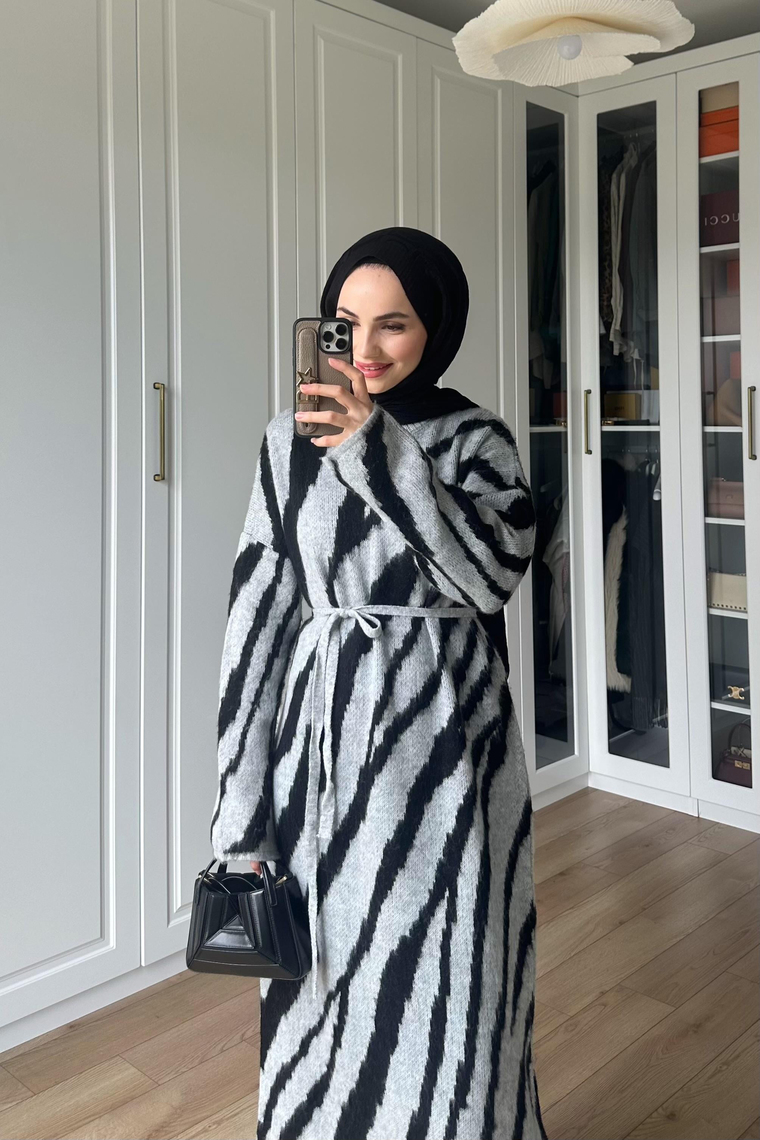 Zebra Desen Triko Elbise - GRİ
