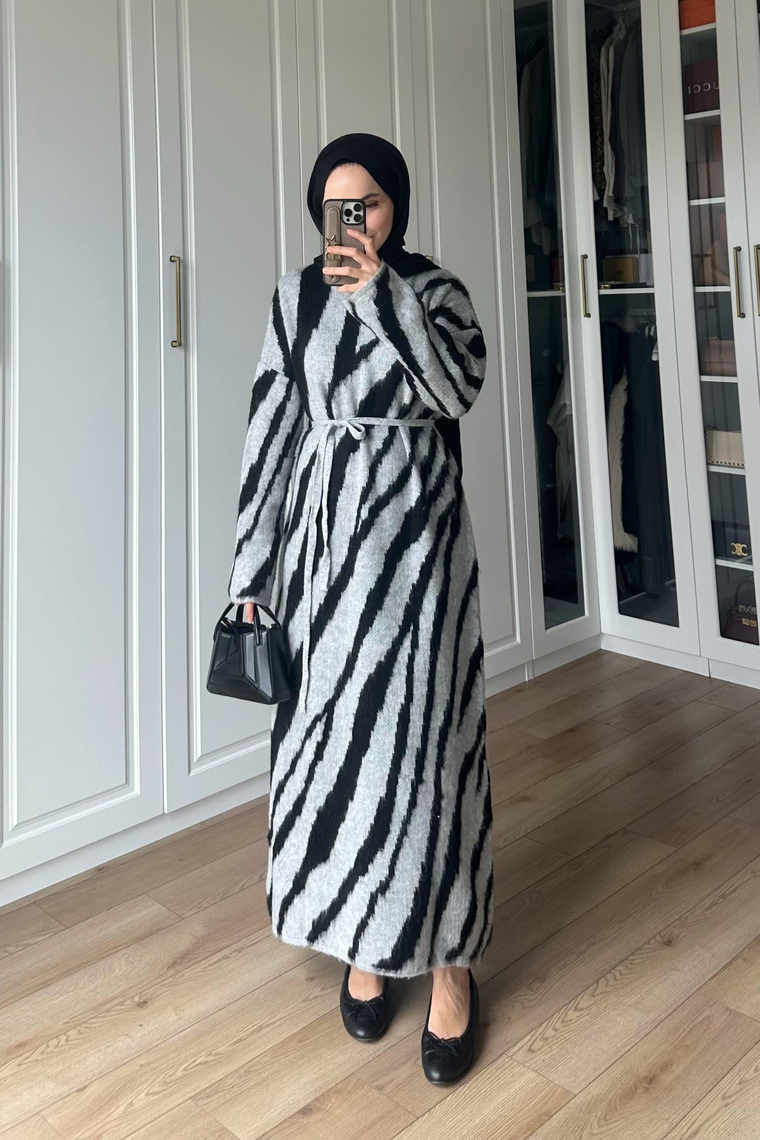 Zebra Desen Triko Elbise - GRİ