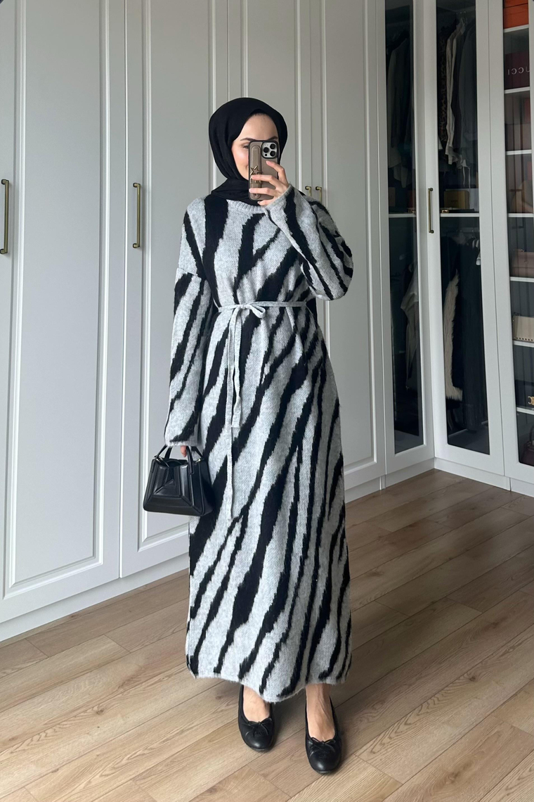 Zebra Desen Triko Elbise - GRİ
