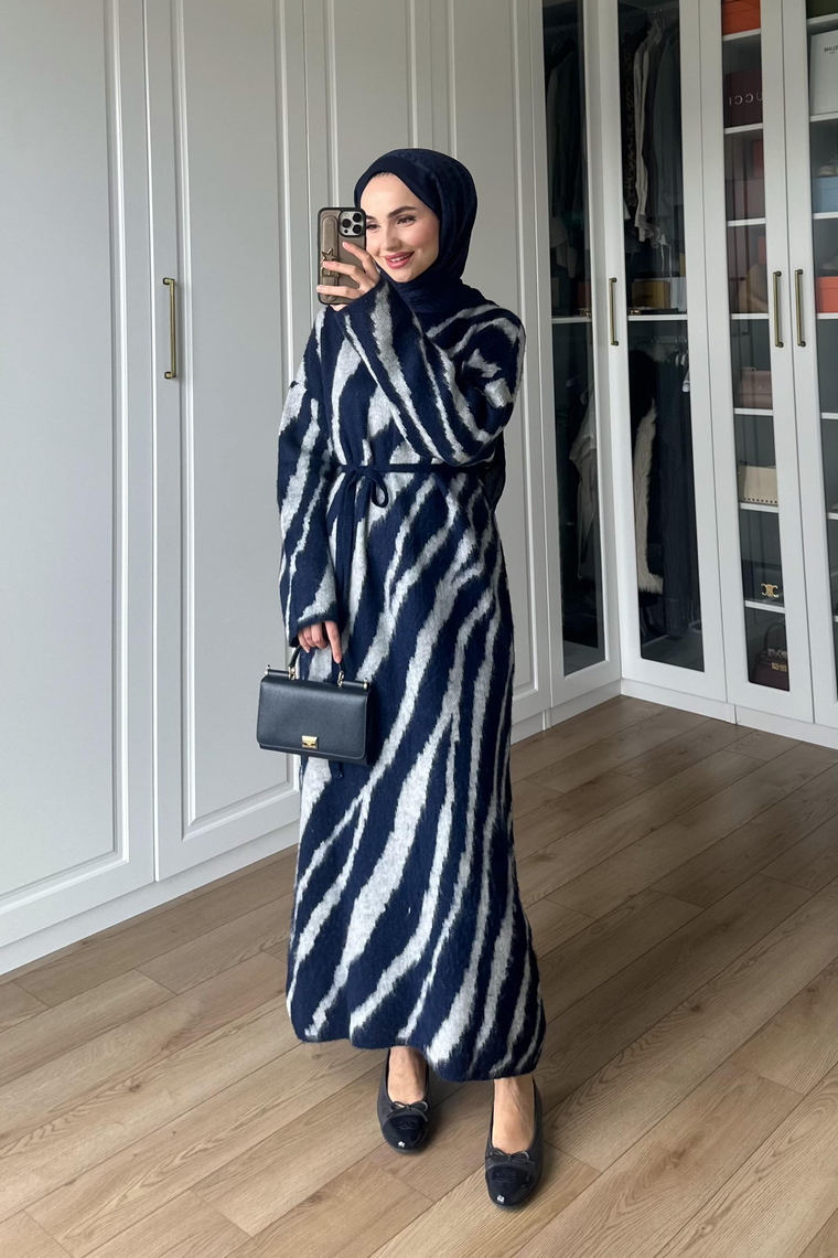 Zebra Desen Triko Elbise - LACİVERT