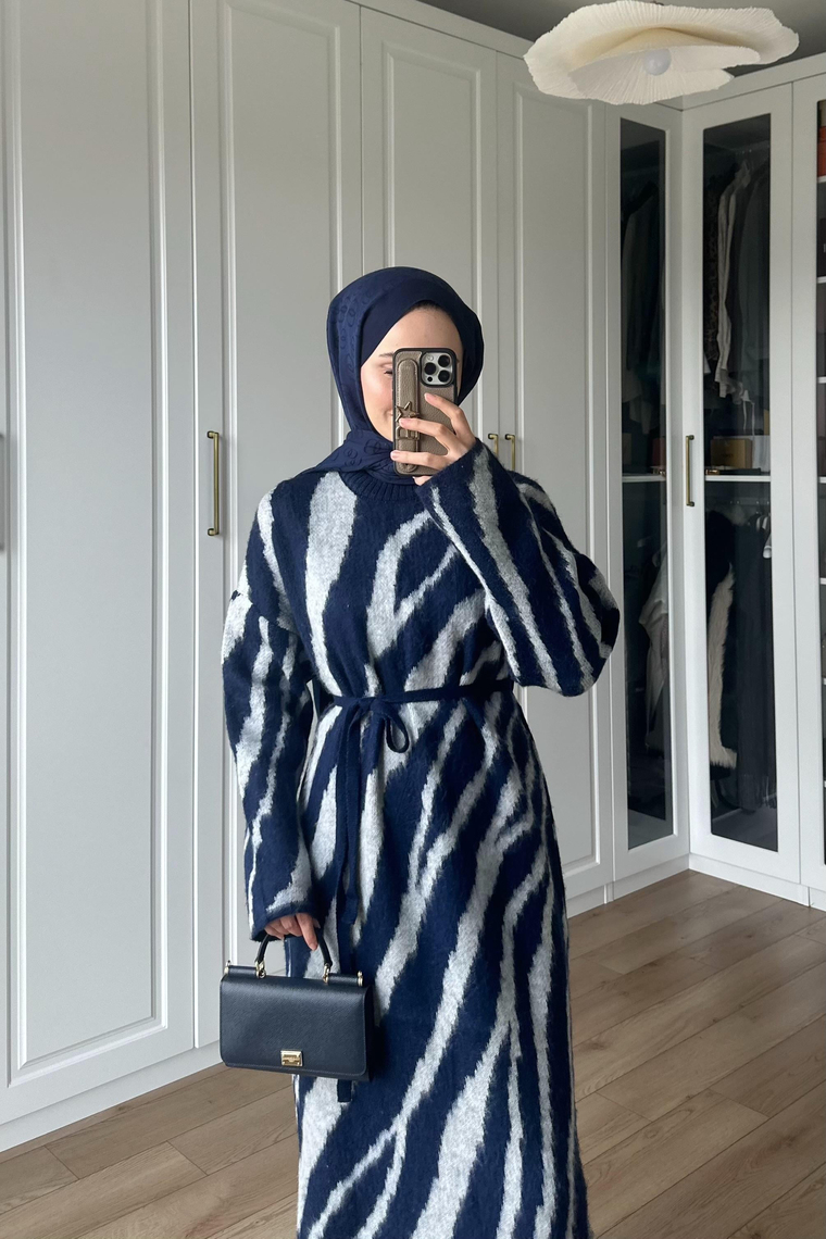 Zebra Desen Triko Elbise - LACİVERT