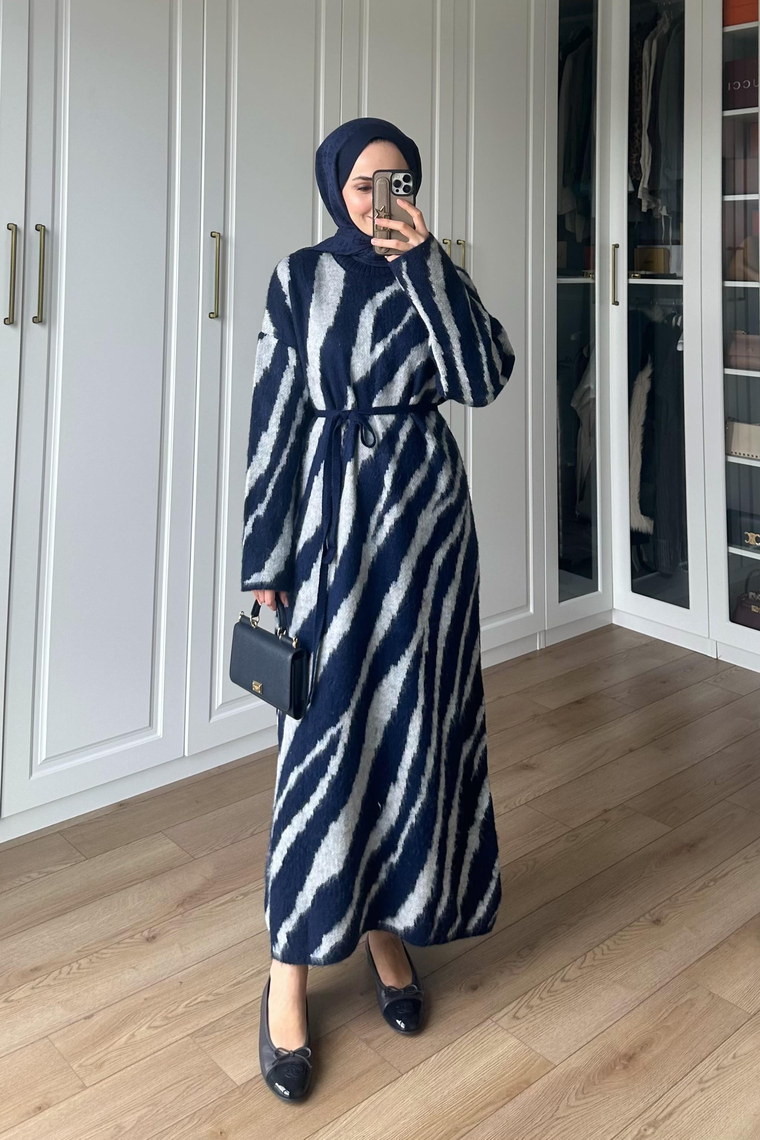 Zebra Desen Triko Elbise - LACİVERT