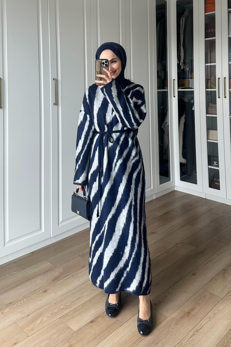 Zebra Desen Triko Elbise - LACİVERT