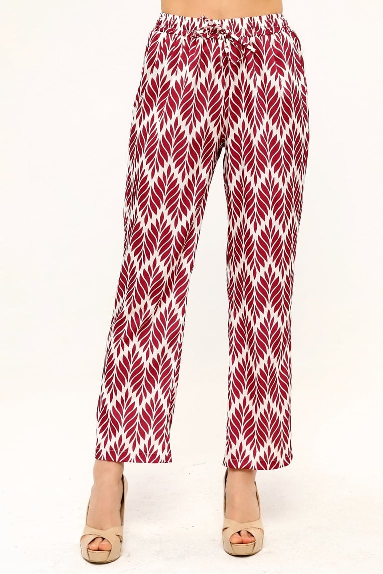 Leaf Patterned Satin Burgundy Trousers with Elastic Waist and Rope Detail and Pipe Leg Prints
