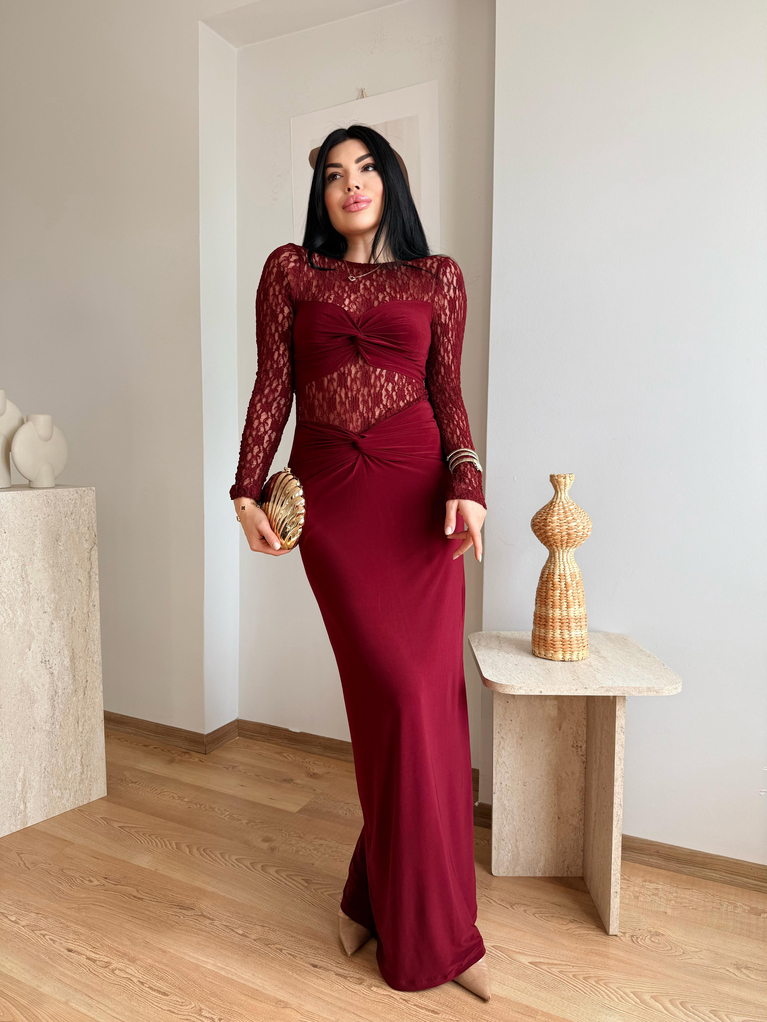 BORDO DANTEL DETAYLI UZUN ELBİSE