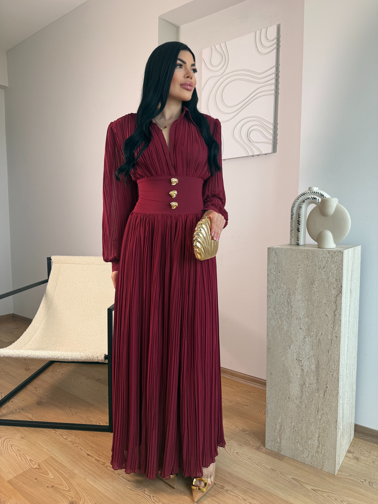 BORDO NCTRN BELDEN OTURMALI MAXİ ELBİSE