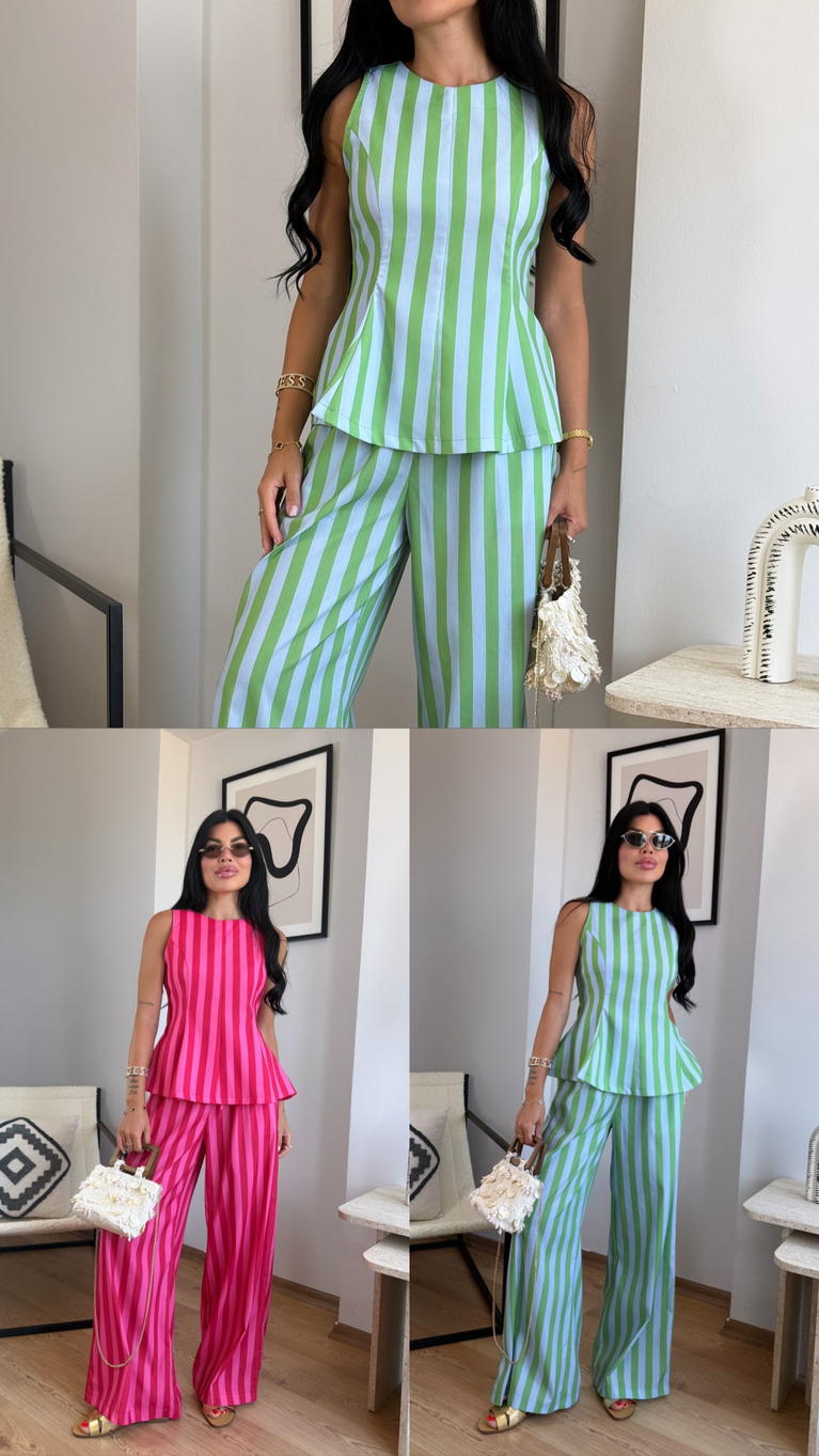 ÇİZGİLİ BEL OTURMALI BLUZ PAMUKLU PANTOLON TAKIM