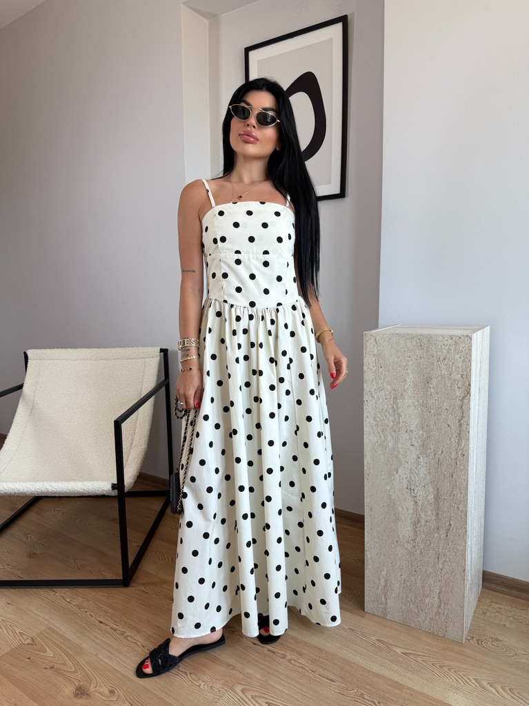 EKRU PUANTİYE BEL VE STRAPLEZ DETAYLI MAXİ POPLİN ELBİSE