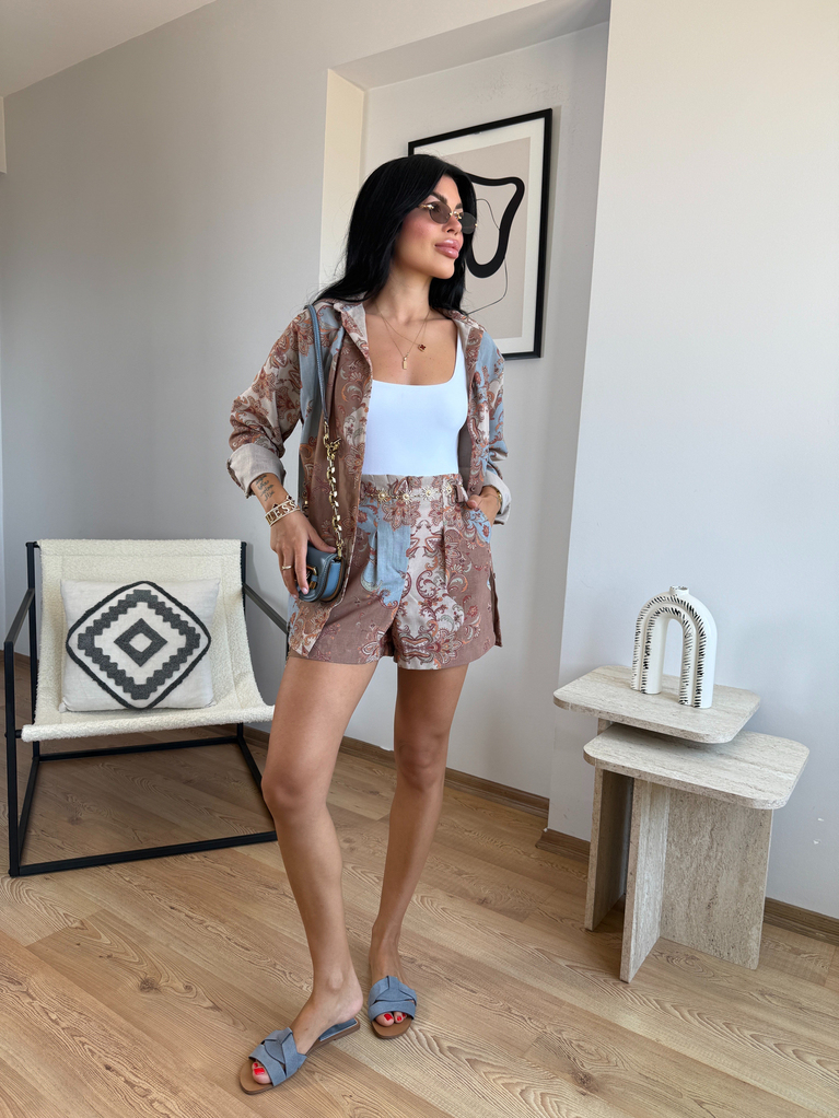 KAHVE ETNİK DESEN GOLD KEMERLİ ŞORT GÖMLEK TAKIM (ŞORT BELİ DARDIR)