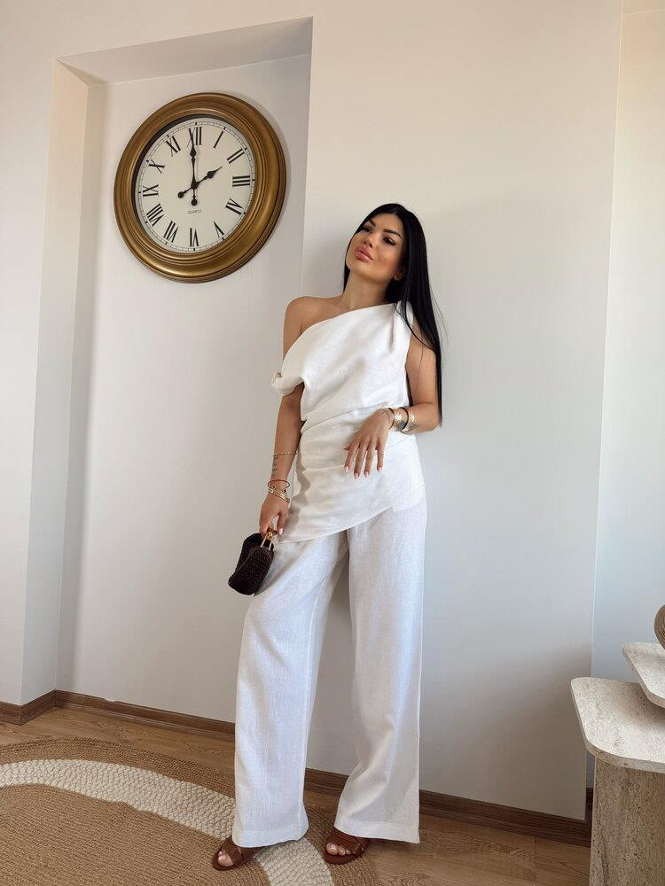 KETEN EKRU PANTOLON BLUZ TAKIM TASARIM