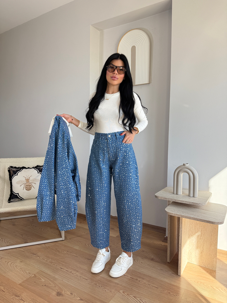 KOYU MAVİ PULLU KUMAŞ İÇİ ASTAR DETAYLI BALON PANTOLON (yüksek bel)