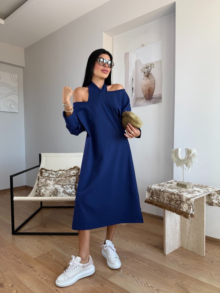 LACİVERT YAKA TASARIM DETAYLI MODAL BASİC ELBİSE 