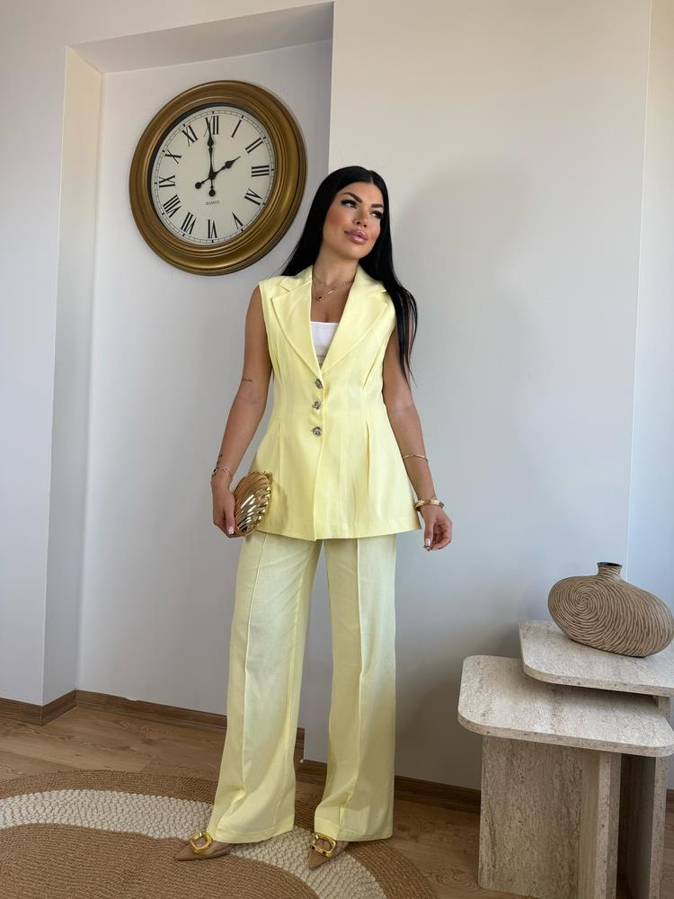 SARI PREMİUM KETEN YELEK PALAZZO TAKIM