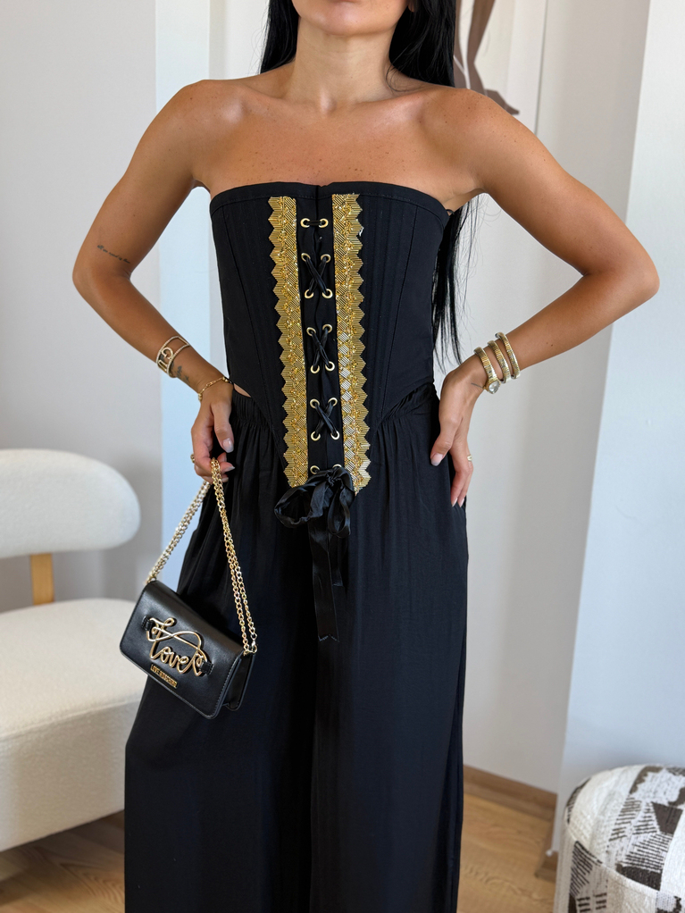 SİYAH GOLD TASARIM DETAYLI KORSE BLUZ