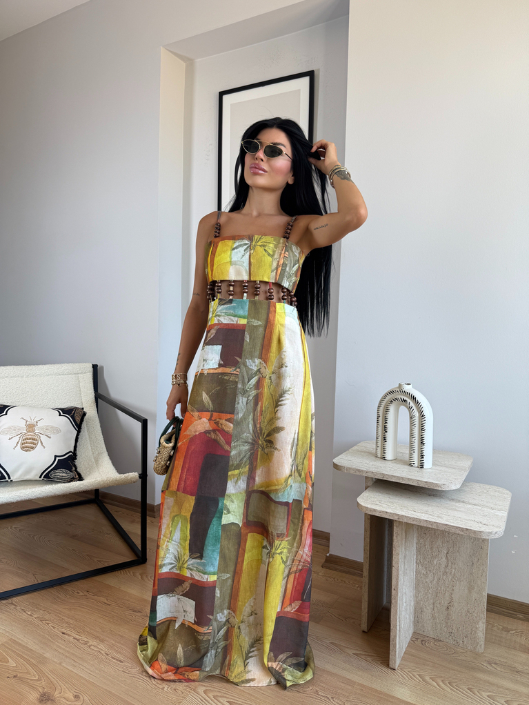 TROPİKCAL KETEN BONCUK DETAYLI MAXİ KETEN ELBİSE