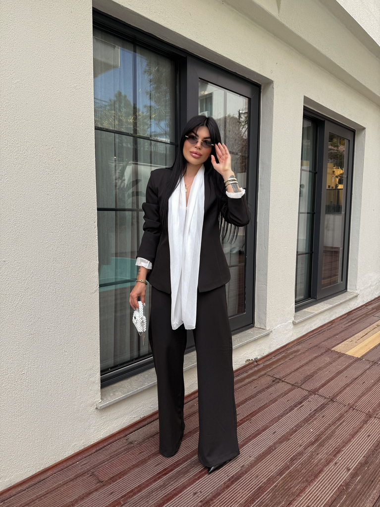 ZRA SİYAH ŞAL DETAYLI BLAZER PALAZZO TAKIM