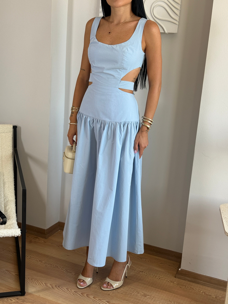 BEBE MAVİSİ TASARIM POPLİN SIRT DETAYLI ELBİSE
