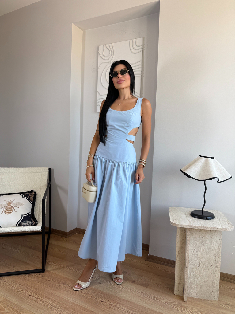 BEBE MAVİSİ TASARIM POPLİN SIRT DETAYLI ELBİSE