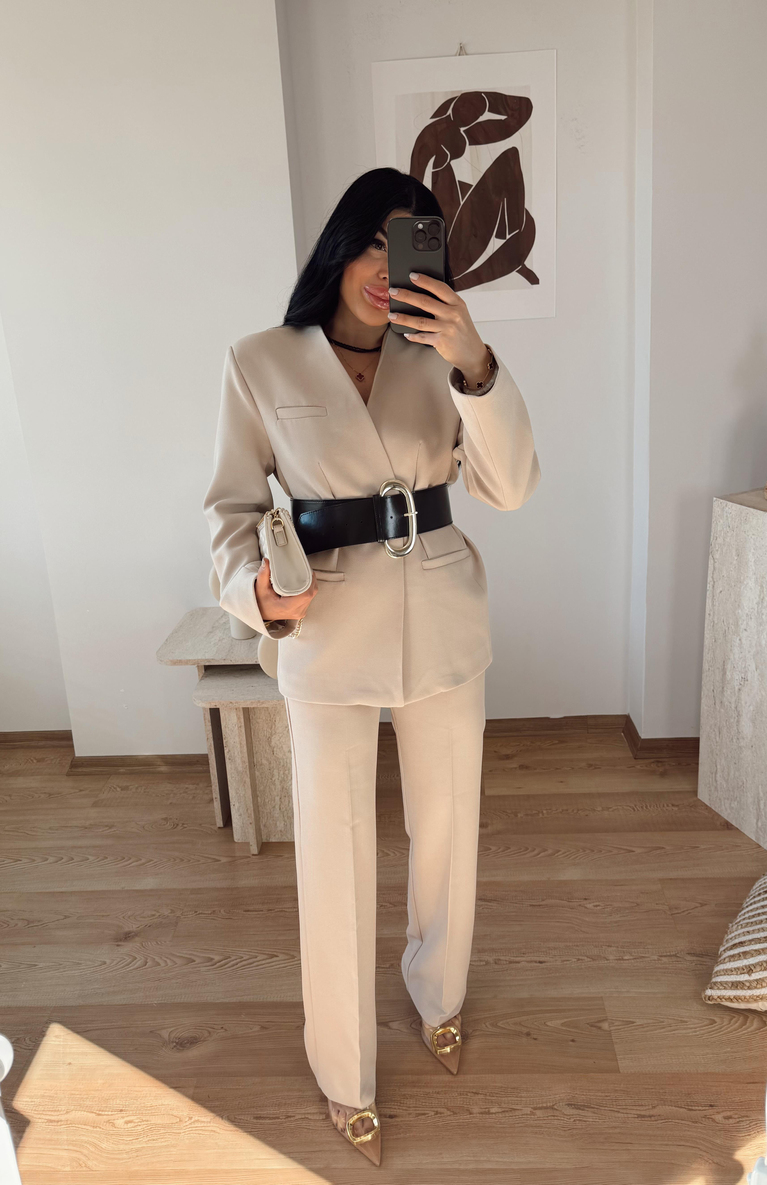 BEJ PREMİUM KEMERLİ BLAZER KUMAŞ PANTOLON TAKIM