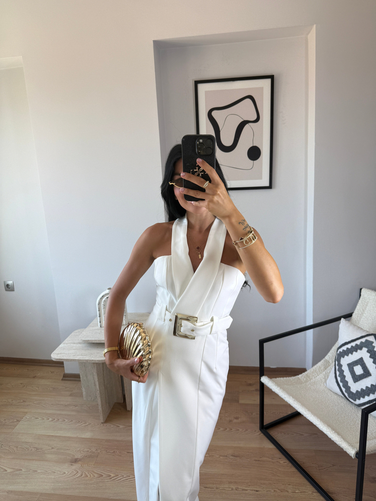 BEYAZ ANGEL BEL KEMER DETAYLI TASARIM CREP ELBİSE