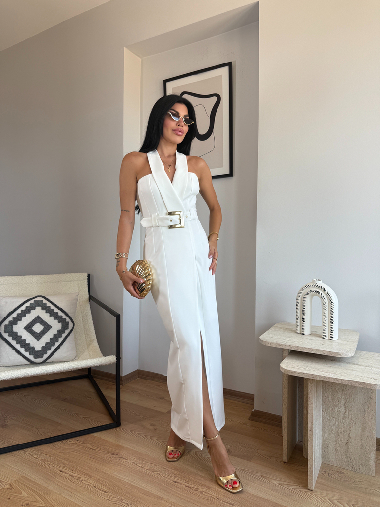 BEYAZ ANGEL BEL KEMER DETAYLI TASARIM CREP ELBİSE