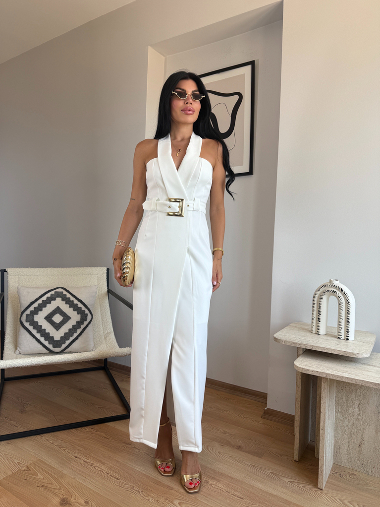 BEYAZ ANGEL BEL KEMER DETAYLI TASARIM CREP ELBİSE