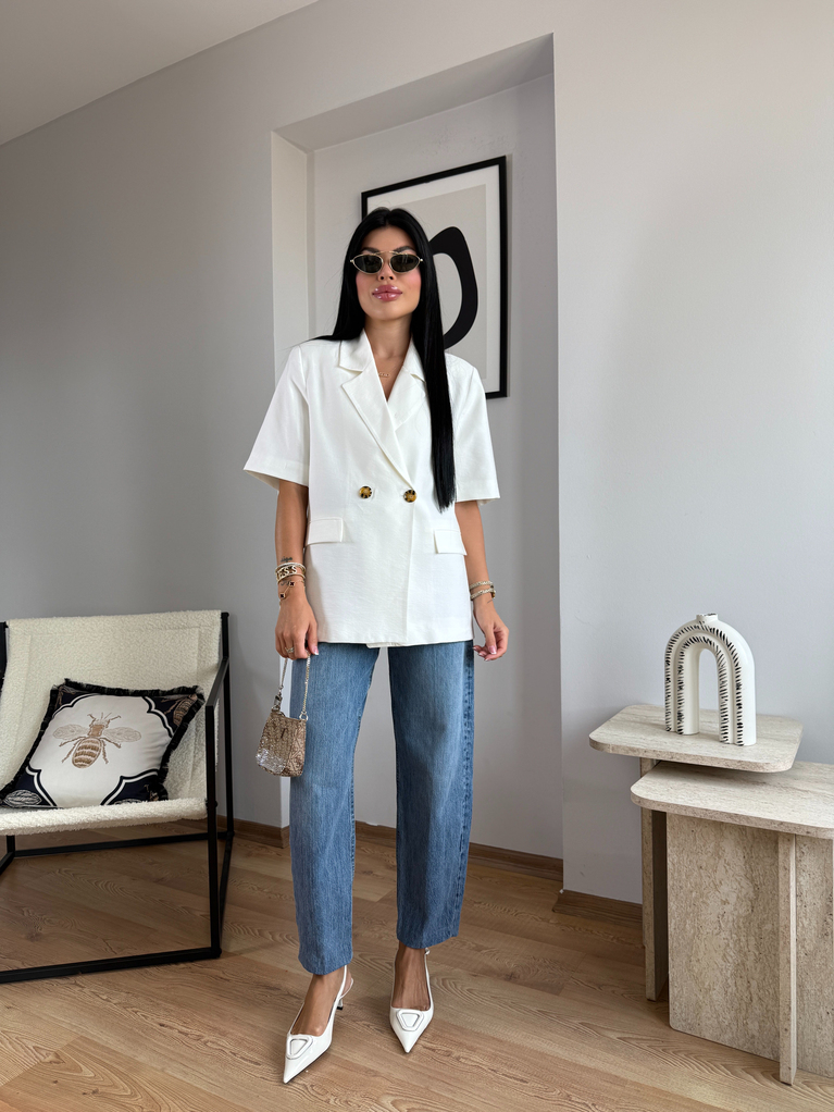 BEYAZ ASTARLI KISA KOL BLAZER KETEN