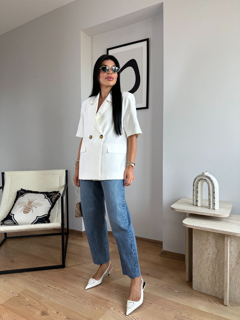BEYAZ ASTARLI KISA KOL BLAZER KETEN