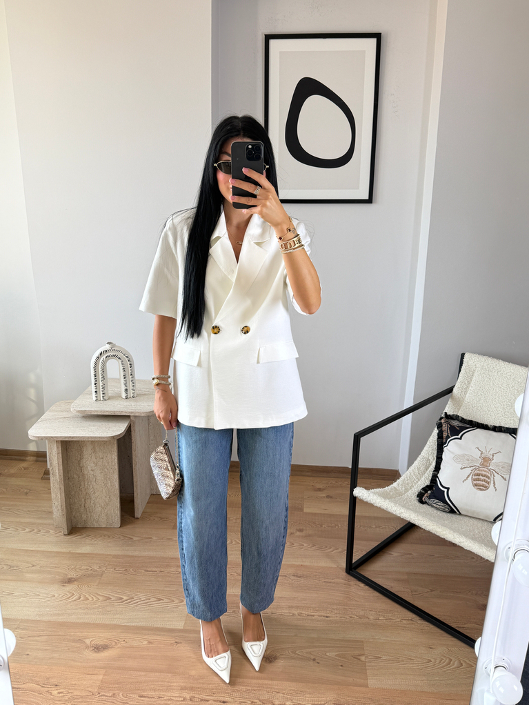 BEYAZ ASTARLI KISA KOL BLAZER KETEN