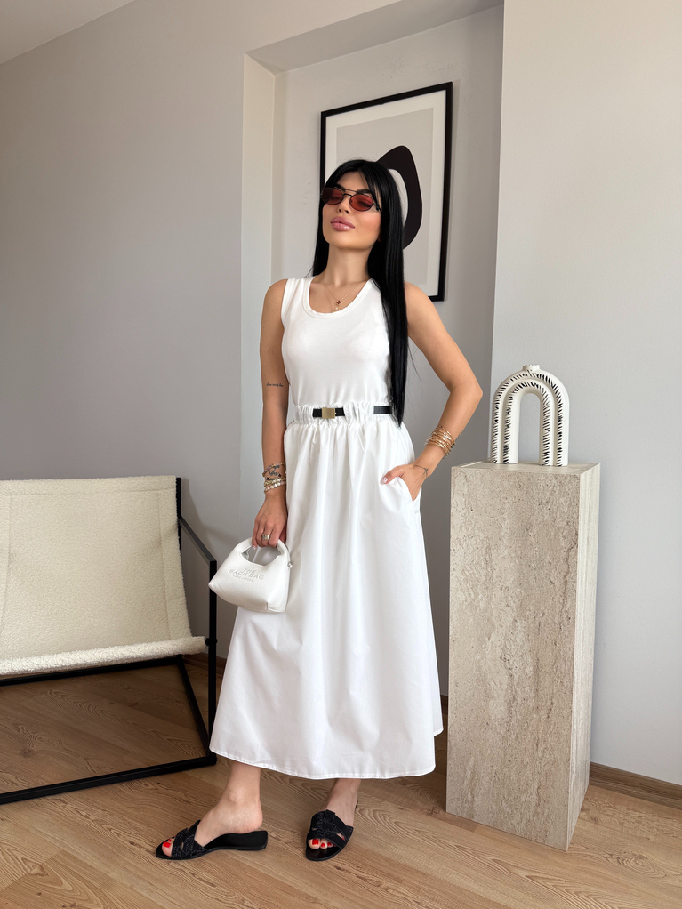 BEYAZ KEMER GEÇİŞLİ ASTARLI KOMBİNELİ ELBİSE POPLİN