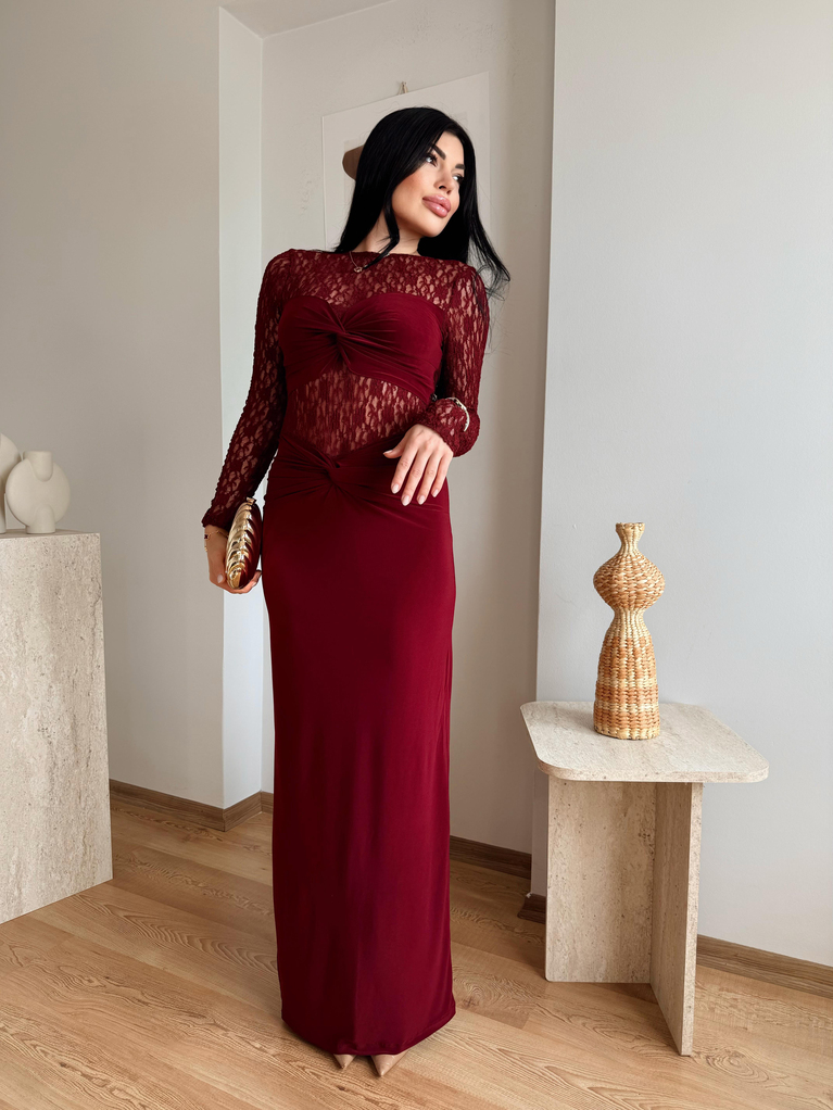 BORDO DANTEL DETAYLI UZUN ELBİSE