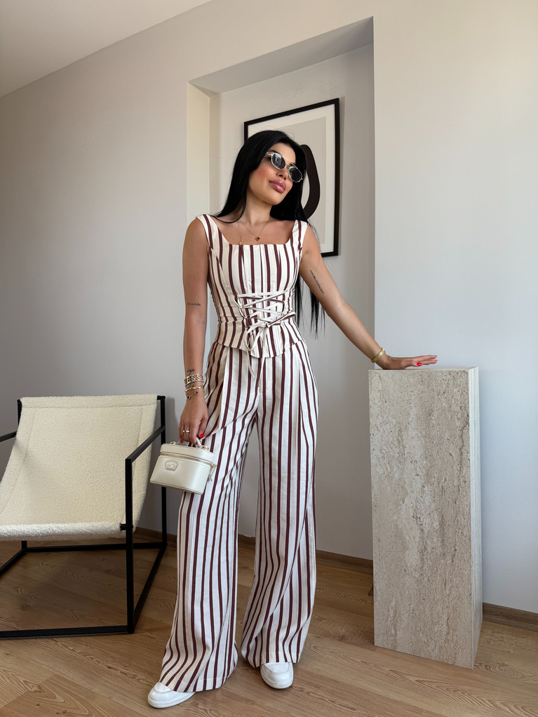 BORDO EKRU ÇİZGİLİ KORSE PALAZZO TAKIM 