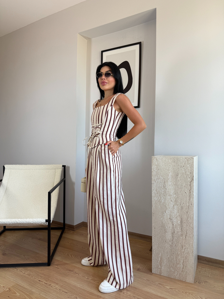 BORDO EKRU ÇİZGİLİ KORSE PALAZZO TAKIM 