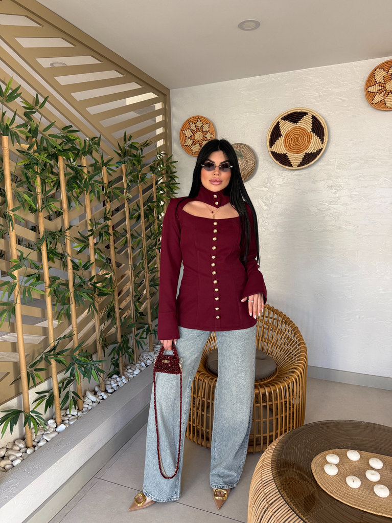 BORDO GOLD DÜĞMELER DETAYLI MİLLA BLUZ