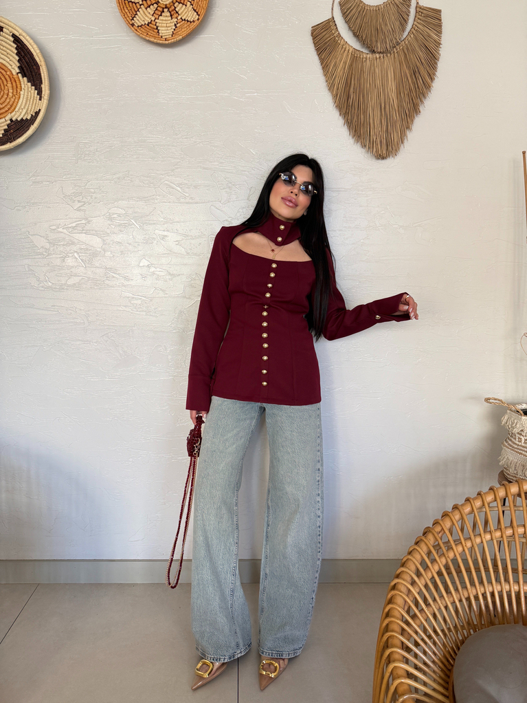 BORDO GOLD DÜĞMELER DETAYLI MİLLA BLUZ