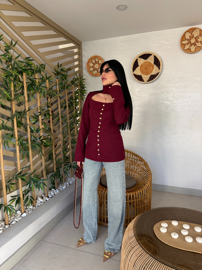 BORDO GOLD DÜĞMELER DETAYLI MİLLA BLUZ