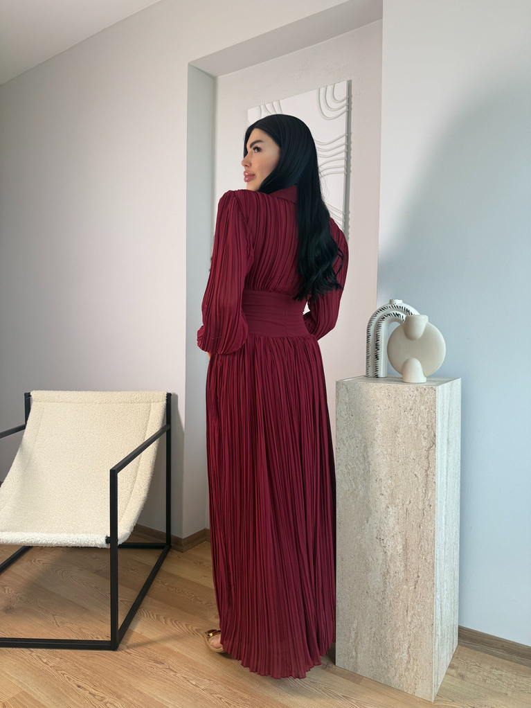 BORDO NCTRN BELDEN OTURMALI MAXİ ELBİSE