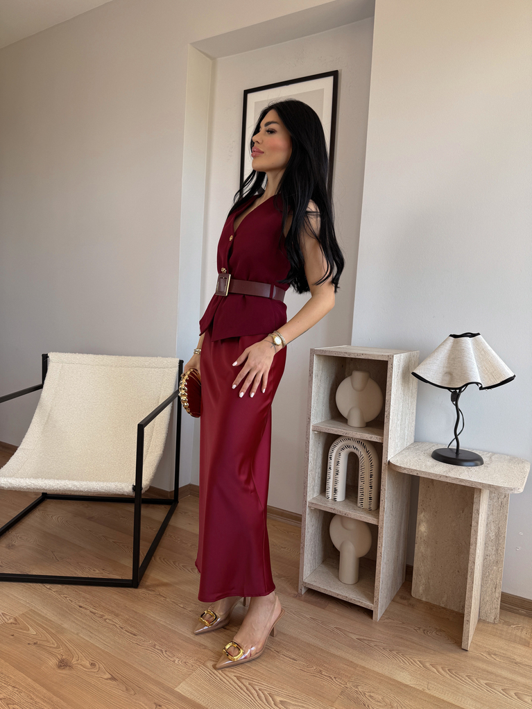 BORO SATEN ETEK DETAYLI YELEK KEMERLİ ELBİSE 