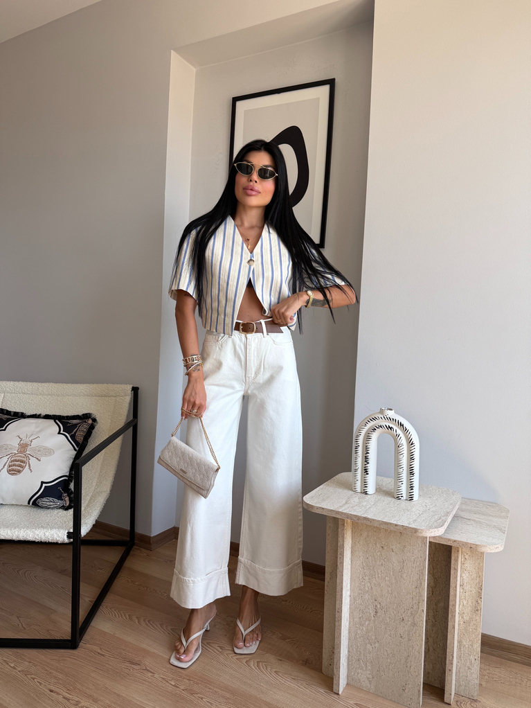 ÇİZGİLİ TEK DÜĞME KETEN CROP CEKET